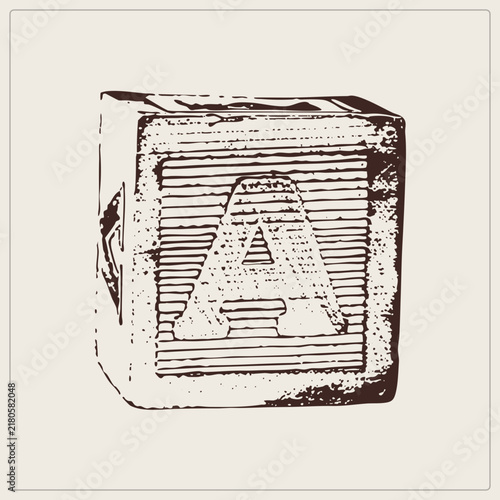 Worn alphabet block, also called a toy brick or letter cube, stamped with capital A in distressed ink. The hand drawn engraving style evokes old print shop type sorts and letterpress char