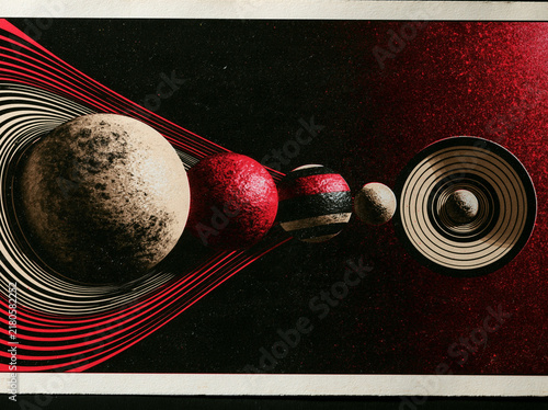 Abstract Planetary Alignment with Red and Beige Spheres