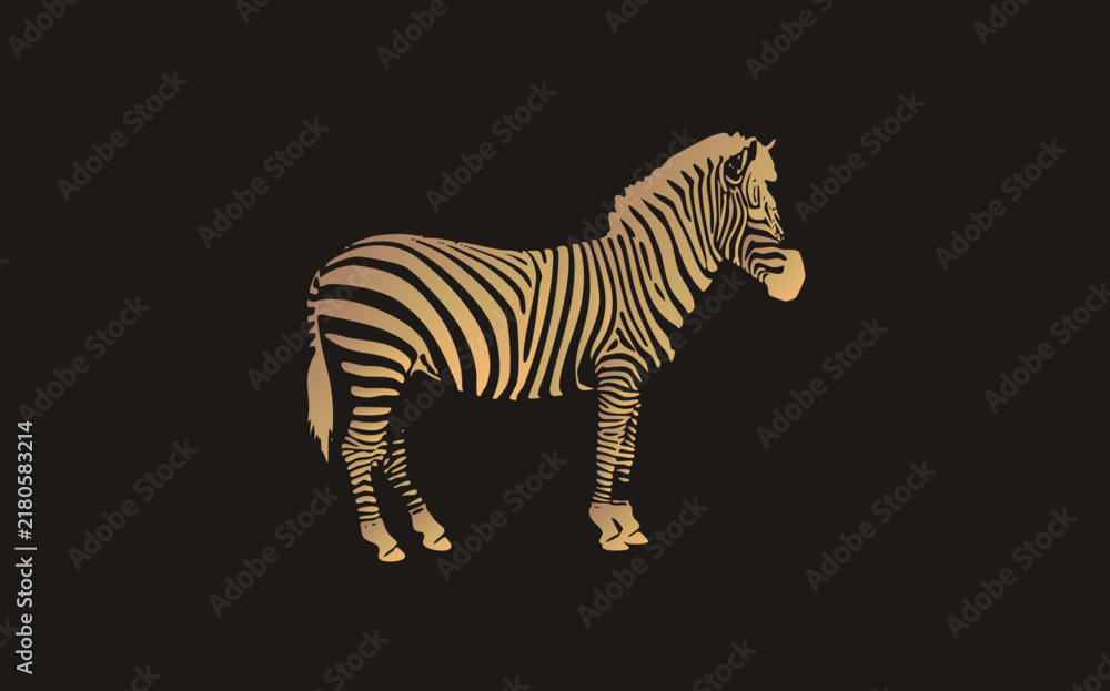 Fototapeta premium Stylized zebra in profile against a void. Gradient vector style with metallic beige tones defines distinct markings and muscular build, lacking shading.