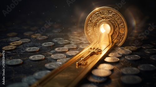 Golden key and glowing keyhole path surrounded by coins representing financial success wealth management and unlocking business opportunities