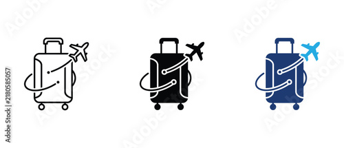 Travel booking flight luggage icon set, suitcase airplane flight path linear solid and colored