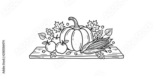 Hand drawn black and white illustration of a pumpkin and autumn harvest vegetables on a wooden table