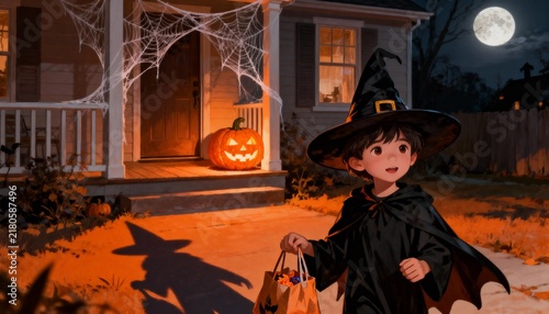 Cute child in witch costume trick or treating outside decorated house with glowing jack-o'-lantern on Halloween night