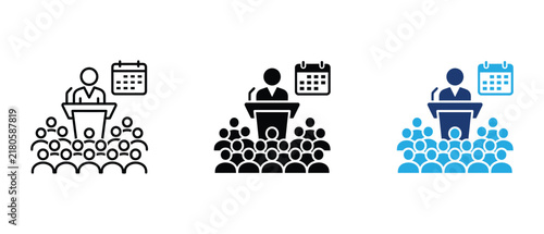 Event schedule speaker icon set, podium speech presenter audience calendar agenda linear solid and colored