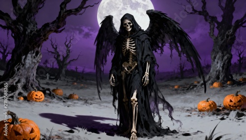 Winged grim reaper skeleton standing among glowing pumpkins under giant full moon on Halloween night