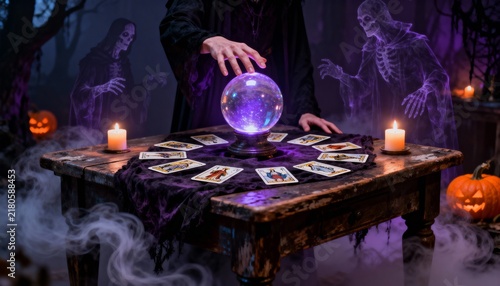 Mystical crystal ball divination ritual with tarot cards, candles and ghostly skeleton spirits on Halloween night