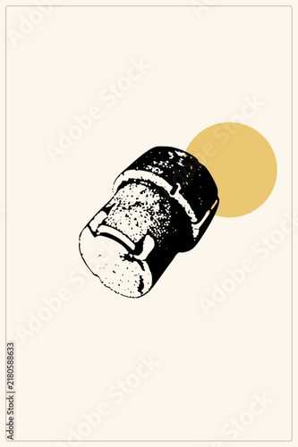 Stylized ink wash sketch of a wine bottle stopper tilted diagonally on cream. Rough show cork texture and wooden ring beside a flat mustard yellow shape. High contrast black highlights porous de
