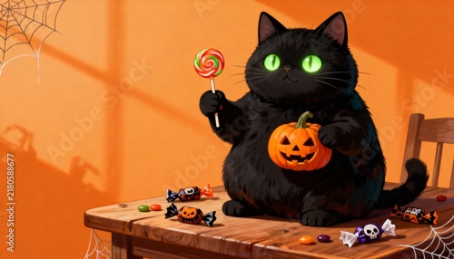 Cute black cat holding colorful lollipop and pumpkin candy bucket for Halloween