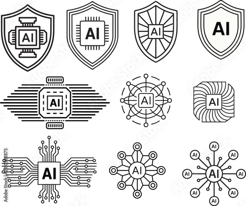 Artificial intelligence icons set with microchip processor shield security and neural network circuit elements