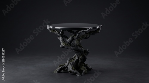 Stylized gnarled black basalt tree branch sculpture with flat level obsidian plate