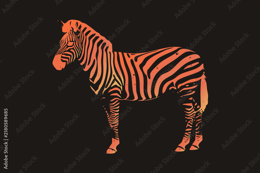 Fototapeta premium Stencil style graphic of a vibrant orange zebra in profile. Features grunge speckles, high contrast, and bold markings on a dark void. A vector design capturing the animals wild essence through simpl