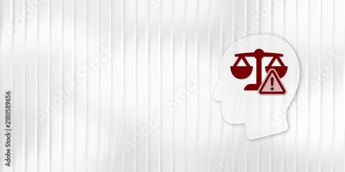 Quadro su tela Conceptual image of legal risk, biased judgment, or ethical dilemma inside human mind, featuring a balanced scale icon and warning sign on striped background