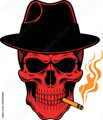 Illustration of a red skull wearing a fedora hat and smoking a cigarette isolated on transparent background