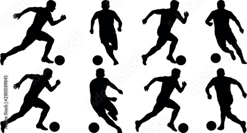 Fotografie Set of soccer players silhouettes dribbling and running with a ball