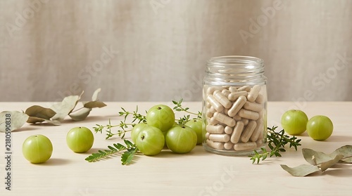Fresh amla fruit and herbal medicine capsules in a glass jar on a light table for health concept. Aamla capsule benefits