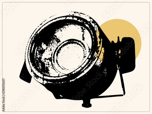 High contrast grunge stage light with distressed lens, black housing, and yellow accents. Bold shapes define the industrial fresnel fixtures glass reflector and bracket.