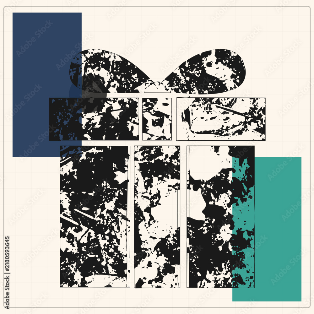 Obraz premium High contrast noise art gift box. Navy blue and teal blocks on graph paper with eroded, stencil style ribbon loops.