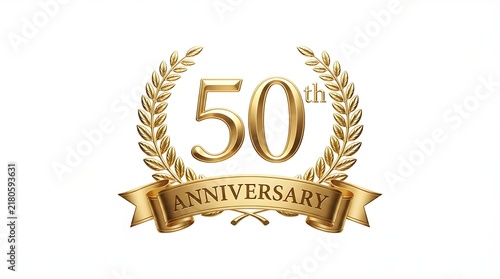 Shiny golden 50th anniversary logo with laurel wreath and ribbon for celebration of fifty years of success