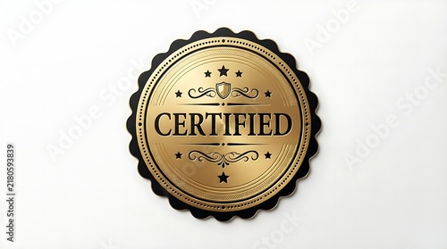 Shiny round gold certified badge with decorative stars and vintage border for professional quality assurance