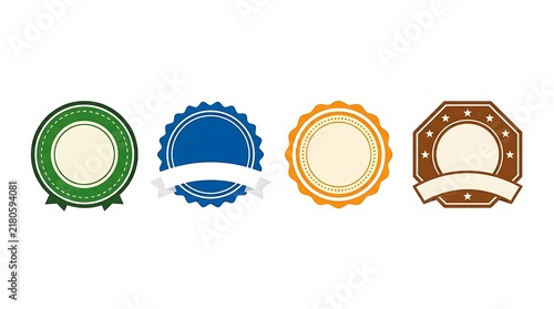 Set of four colorful circular badge labels and vintage style seal stickers with ribbon banners for product branding