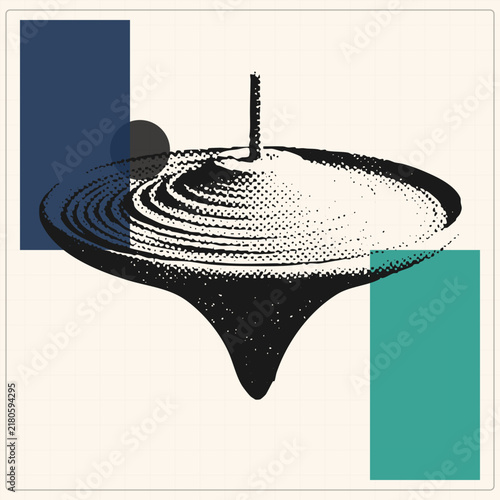 Foto Stylized black stippled sink drain vortex with navy/teal geometric rectangles on cream