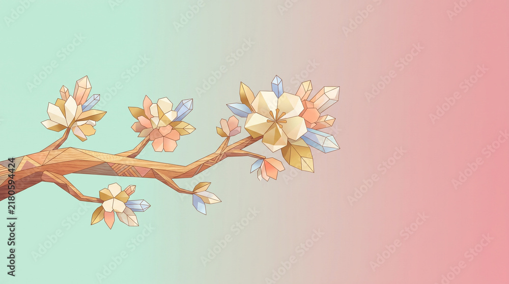 Fototapeta premium Geometric blossom branch with crystals on pastel background