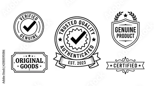Set of vintage style rubber stamps with verified genuine product and certified quality labels for business branding