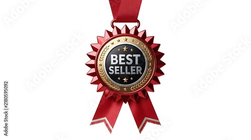 Shiny gold medal with red ribbon and text best seller for marketing promotion and high quality product award