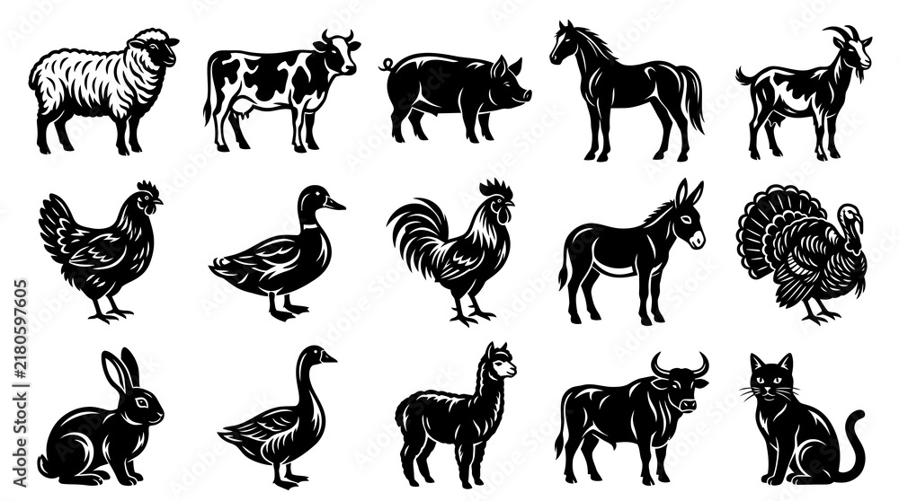 Fototapeta premium Farm Animals Black and White Vector Glyph Icons Collection for Agriculture and Domestic Livestock