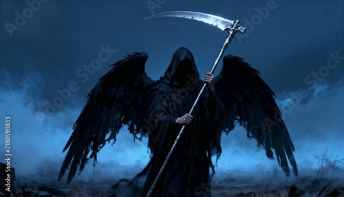 Winged grim reaper holding large scythe in dark foggy landscape on Halloween night
