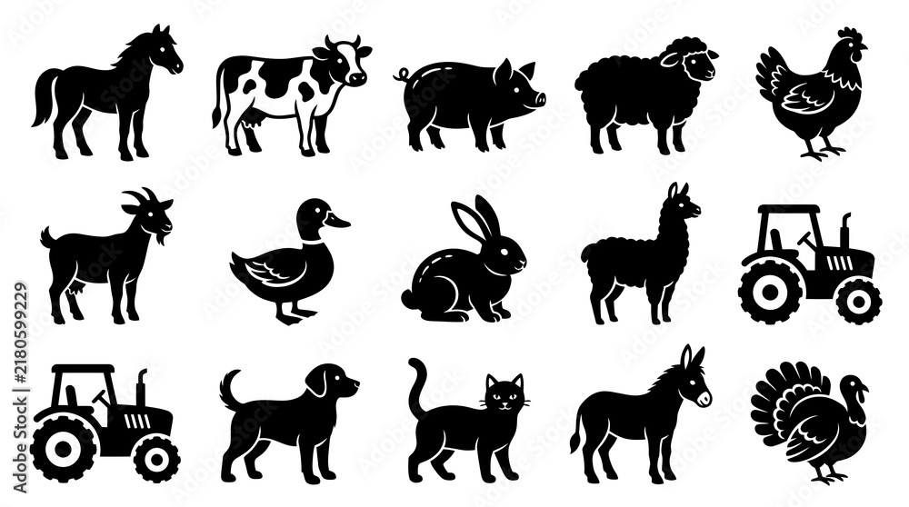 Obraz premium Farm Animals and Tractor Icon Set - Black and White Glyph Art