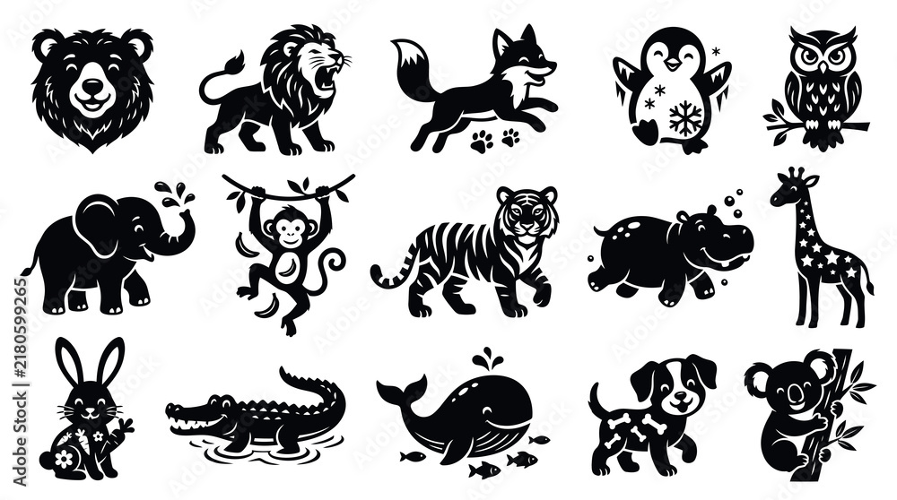 Obraz premium Black and White Cute Animal Silhouettes Set, Vector Icons for Kids