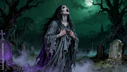 Ghostly woman in tattered dress wandering through foggy graveyard under full moon on Halloween night
