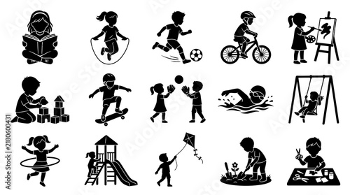 Children Activities Black and White Silhouette Glyph Icons Vector Set: Kids Play, Learning, Sports, Hobbies