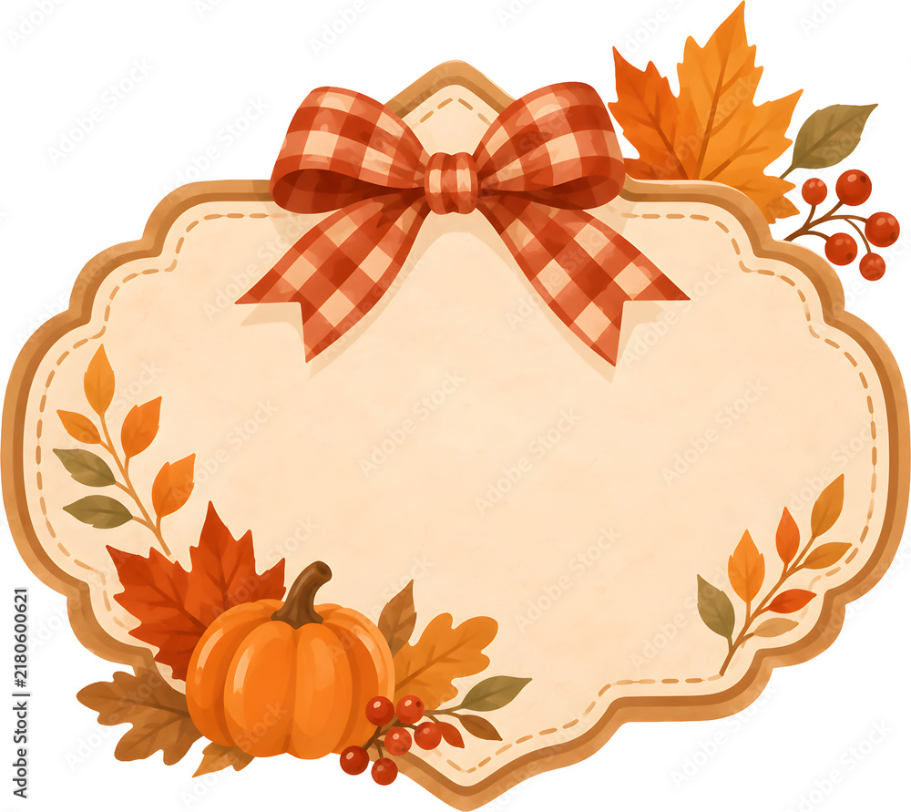 Fototapeta premium Autumn sign with a gingham bow, pumpkins and maple leaves 