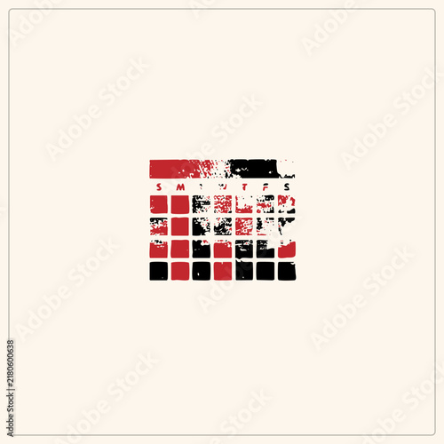 Distressed wall calendar with grunge splattered monthly grid, week headers over rough squares. Red and black stencil almanac for bold and scheduling designs.