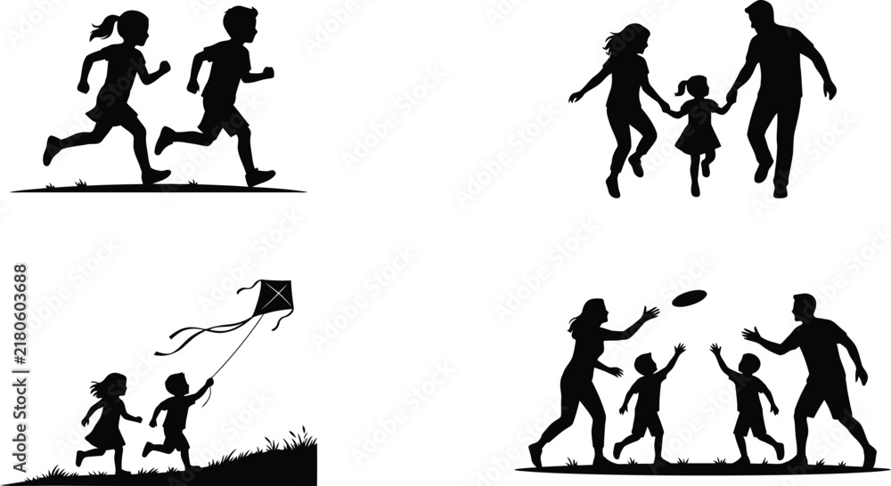 Obraz premium Active Family Silhouettes Set Featuring Parents and Children Running Flying a Kite and Playing Outdoors