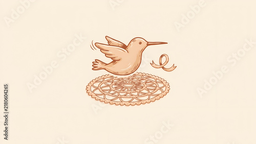 Small bird with a ribbon captured in flight over an ornate circular lace pattern during a soft warm daylight