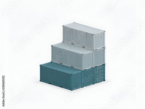 Stacked shipping containers in a tiered arrangement with subtle lighting and a minimalistic aesthetic