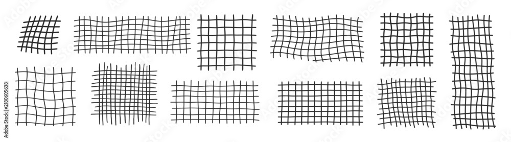 Fototapeta premium Grid pattern hand drawn icon set with rectangular and square geometric mesh, warped lattice lines and editable stroke vector