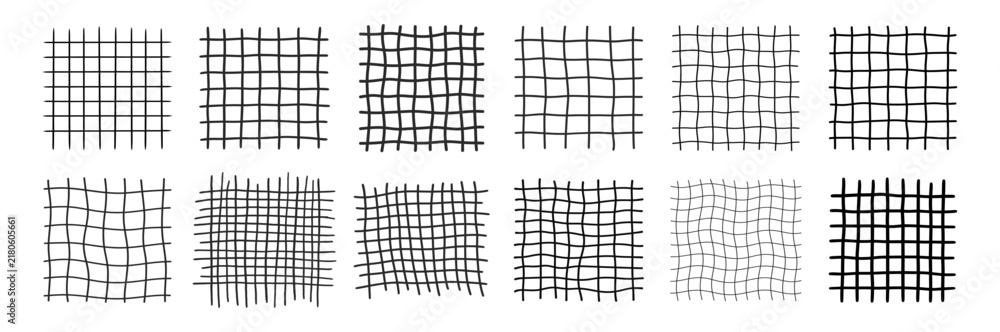 Fototapeta premium Grid pattern hand drawn icon set with irregular geometric mesh, warped lattice lines and editable stroke vector
