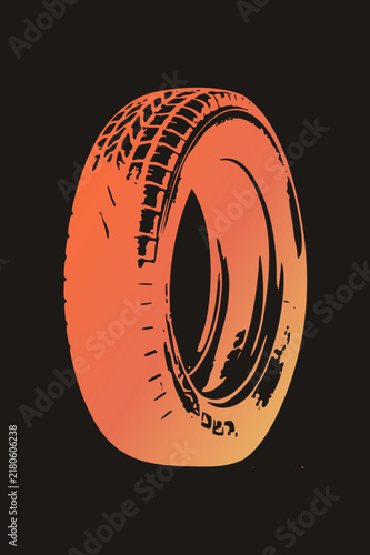 Rubber wheel, the hooped tire with detailed tread, rendered in a warm to amber gradient. This vintage styled graphic of a rubber donut works well as a bold automotive cutout.