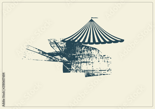 Vintage striped circus big top tent with grunge textured trailer wagon. Retro carny silhouette, isolated cutout for festival posters and carnival branding.