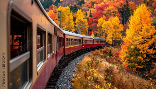 A train traveling through a vibrant autumn forest, with colorful foliage painting the landscape. The warm hues of orange, yellow, and red create a breathtaking scene