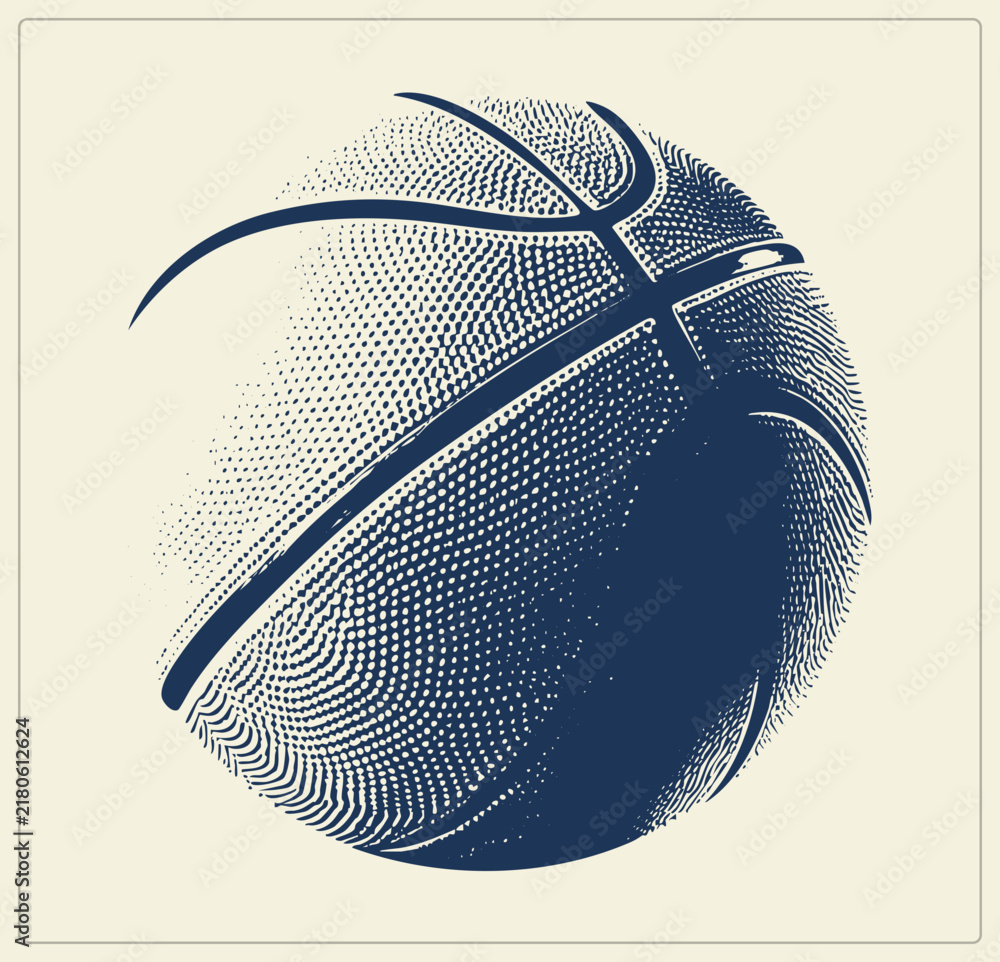 Obraz premium Vintage b ball in stippled halftone dots, navy ink shading for a retro print look. Sketched seams and dotted texture give it a classic engraved poster feel.