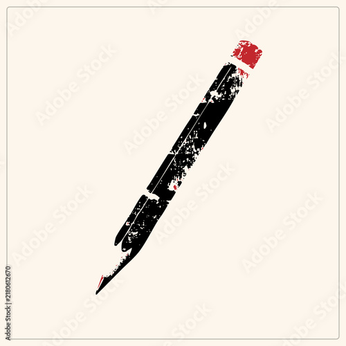 Weathered wooden pencil in rough stencil style, with sharp graphite tip and red eraser cap. Distressed texture gives this classic artists scribbler a raw, hand inked.