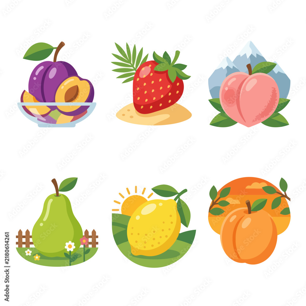 Fototapeta premium Vibrant Fruit Icons: Collection of Fresh Produce Illustrations