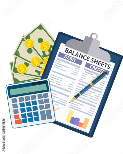 Balance sheet document with calculator and cash money isolated PNG