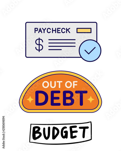 Paycheck checkmark and out of debt badge set isolated PNG