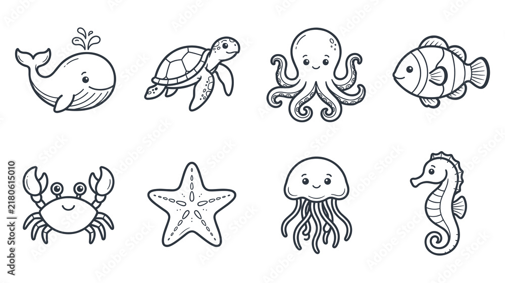 Fototapeta premium Cute sea creatures coloring page icons with whale and starfish.